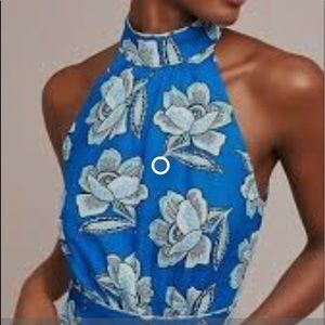 Size 14 Maeve Anthropologie Alyssa Blue Floral Tie Waist Halter Top